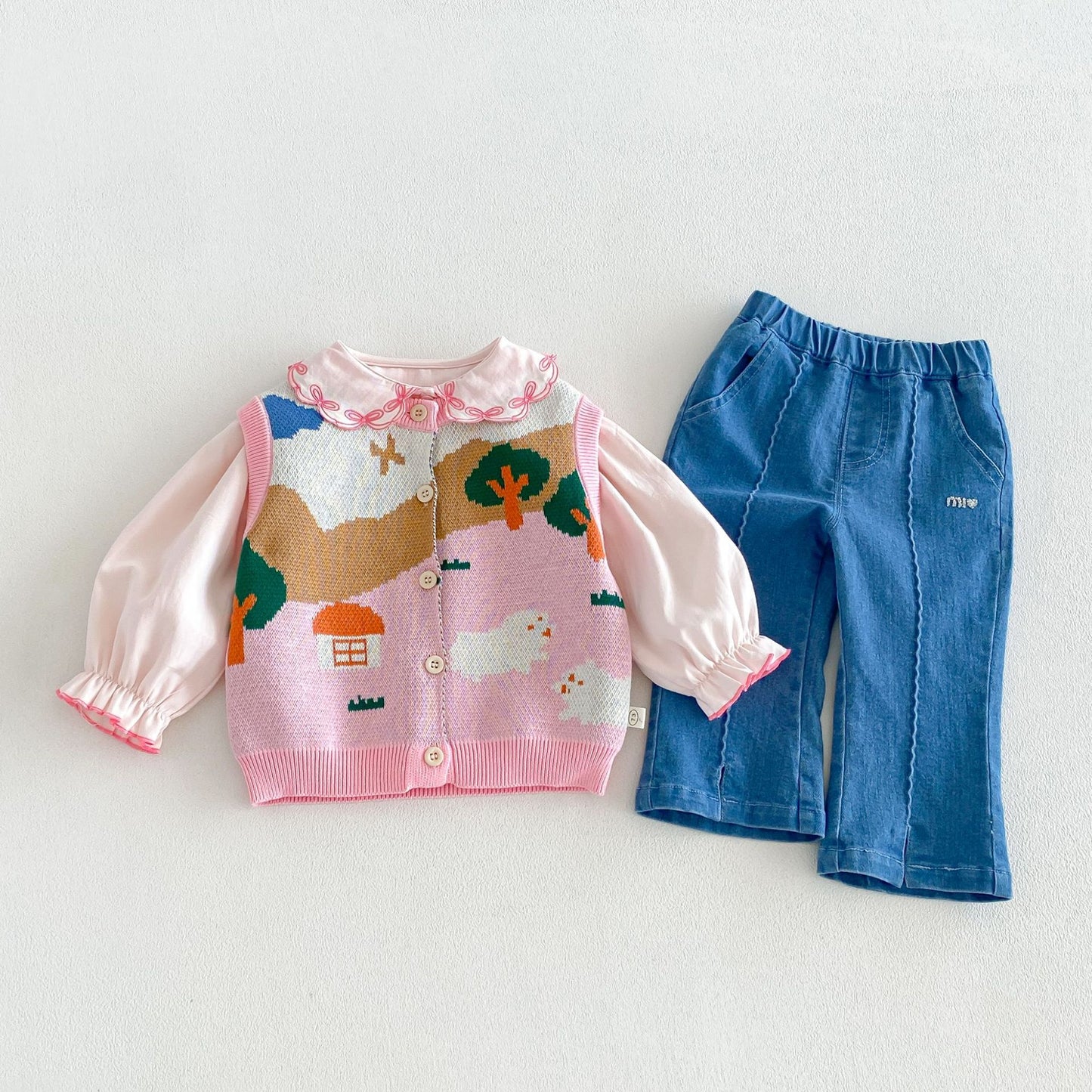 Chaleco de punto jacquard para niños, camisa de manga larga con volantes, pantalones vaqueros【mh0014038】