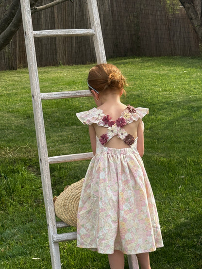 Flower Embellished Backless Frill Dress フローラル 肩フリル ノースリーブワンピース【mh0012813】