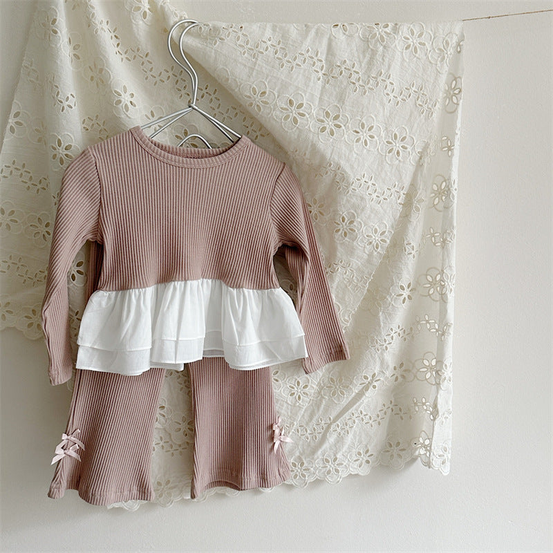 Conjunto de camiseta de manga larga acanalada con volantes y lazo para niña y pantalón acampanado【mh0014151】
