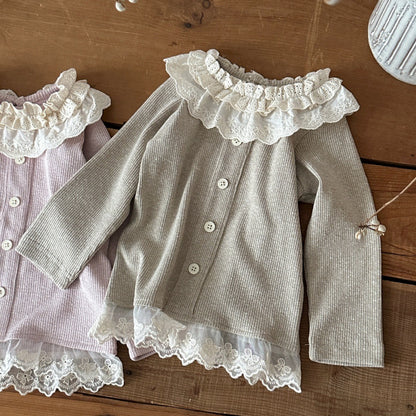 Camiseta de manga larga para bebés y niños, con cuello con volantes, bajo con volantes y botones frontales, tejido de canalé [mh0014486]