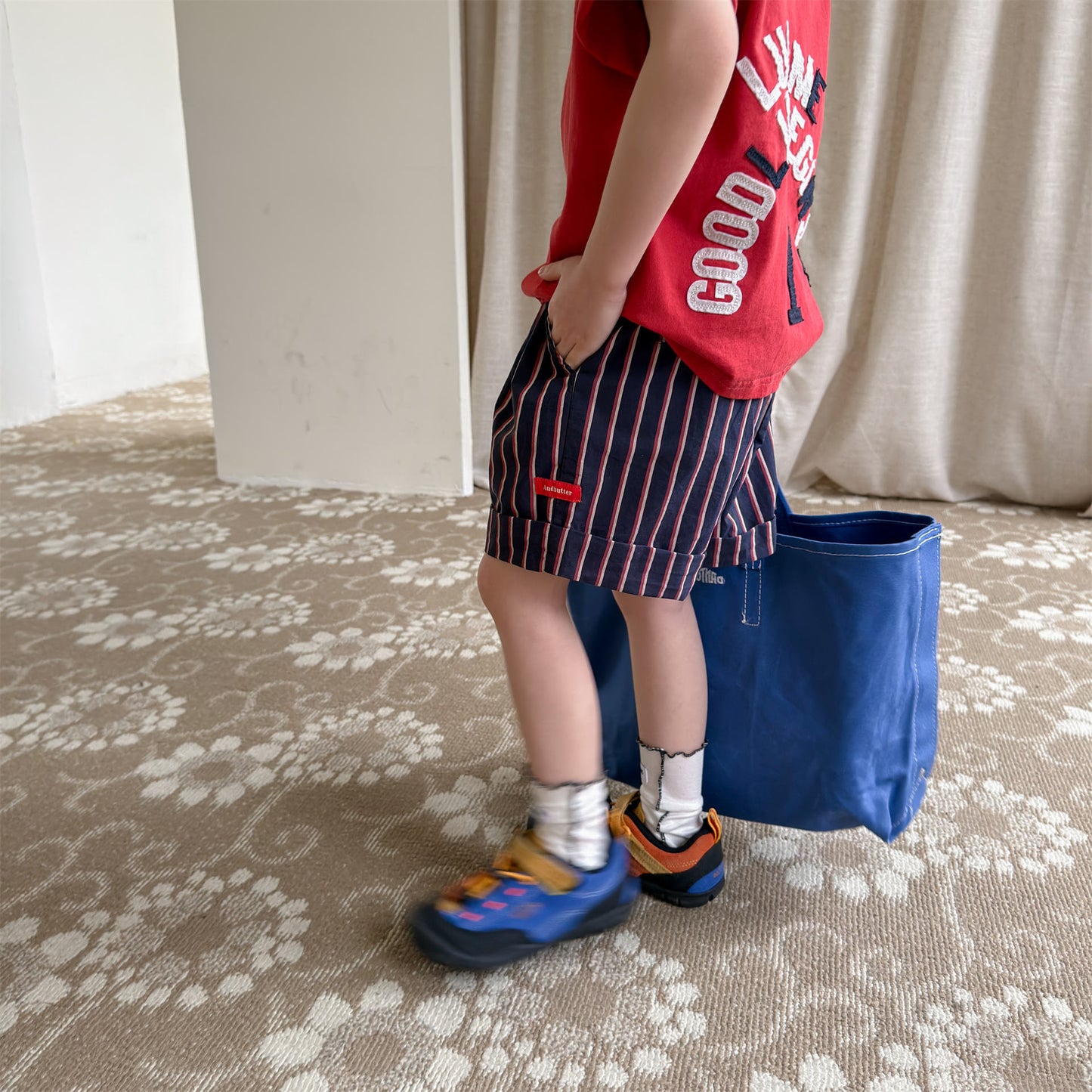 Navy Red Stripe Cotton Shorts ストライプ ショートパンツ【mh0012664】