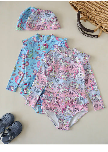 UPF50 Plus Printed Long Sleeve Ruffled Swimsuit プリント 長袖 水着【mh0012588】