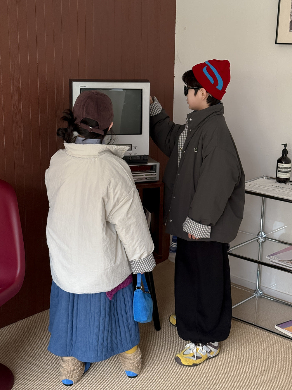 中綿ジャケット キッズ チェック柄 スタンドカラー 厚手 ショート丈 カジュアル アウター【mh0011667】