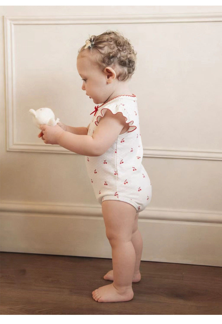 Frill Sleeve Cotton Romper フラワー チェリー フリル袖ロンパース【mh0012780】