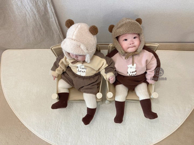 Bear Fleece Sweatshirt & Shorts Set クマ プリント 裏起毛 セットアップ【mh0012681】