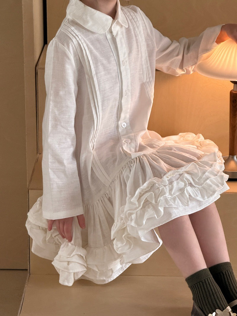 Kids' Ruffled Pintuck Front Button Long-Sleeve Shirt Dress