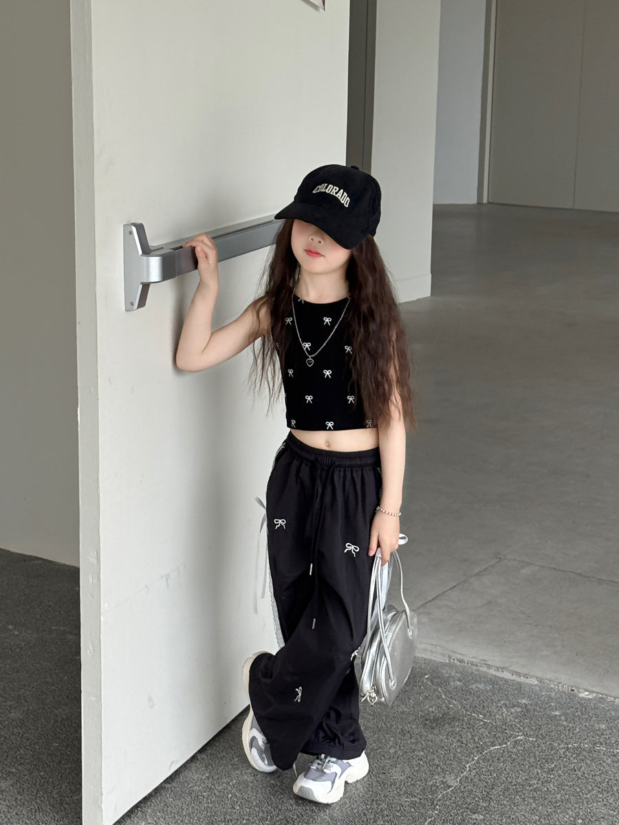 Ribbon Print Crop Top リボン ノースリーブTシャツ【mh0013064】