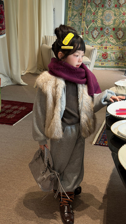 Kids' Set 2026 Winter Girls' Faux Fur Patchwork Sweatshirt Two-Piece Set, Thickened Fleece-Lined Kids Set Mo Xiao Meng【mh0014700】