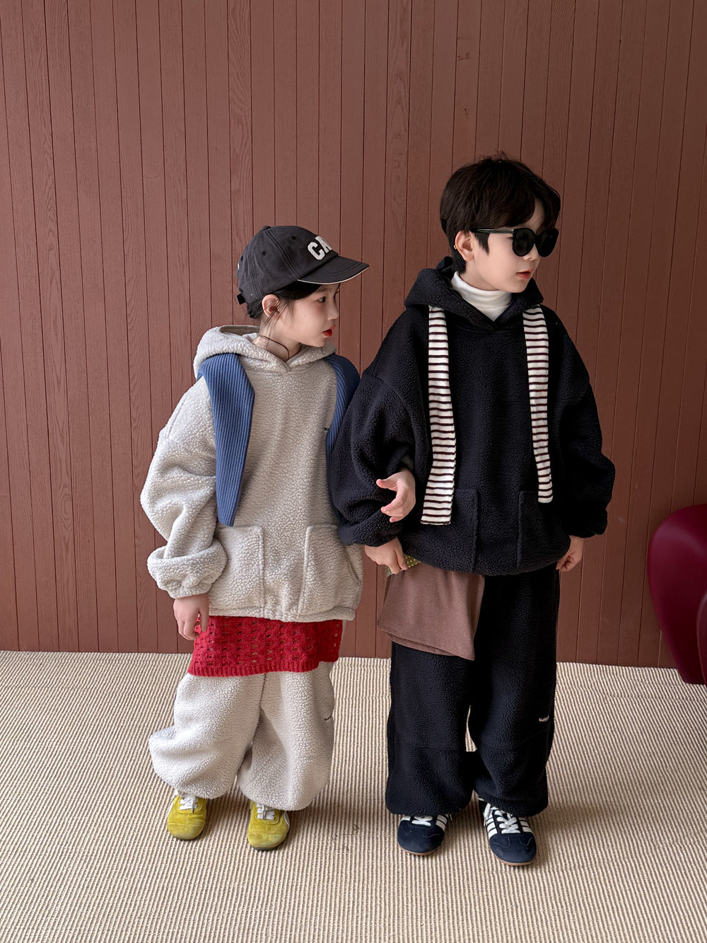セットアップ キッズ 裏起毛 ボア 厚手 プルオーバー フード付 カジュアル【mh0011662】