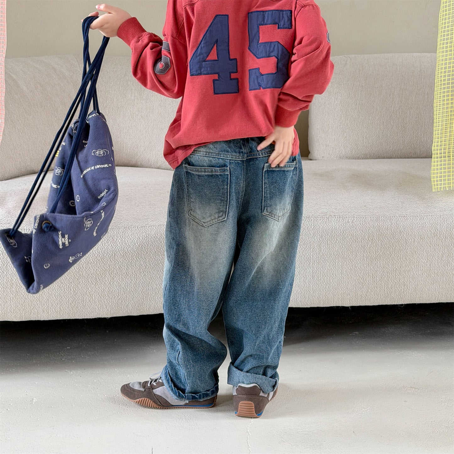 Kids' Hand-Drawn Print Pocket Loose Denim Pants [mh0014063]