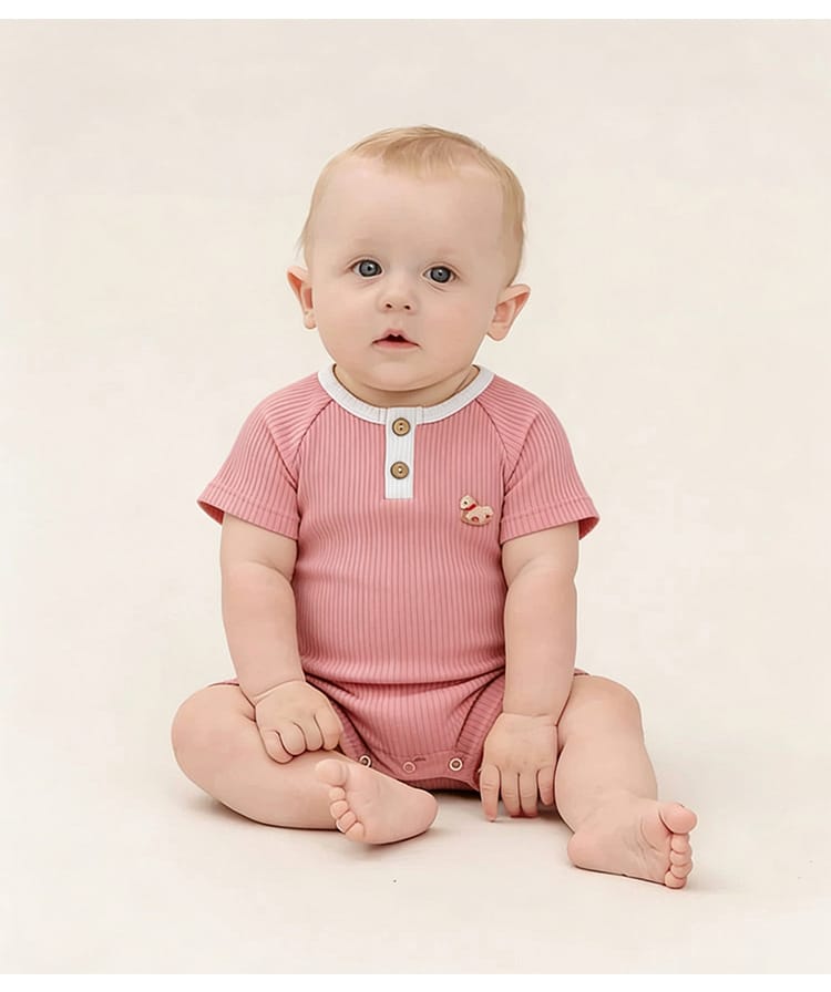 Henley Neckline Short Sleeve Modal Romper ワンポイント 刺繍 半袖ロンパース【mh0012781】