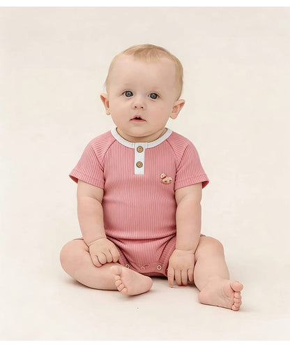 Henley Neckline Short Sleeve Modal Romper ワンポイント 刺繍 半袖ロンパース【mh0012781】