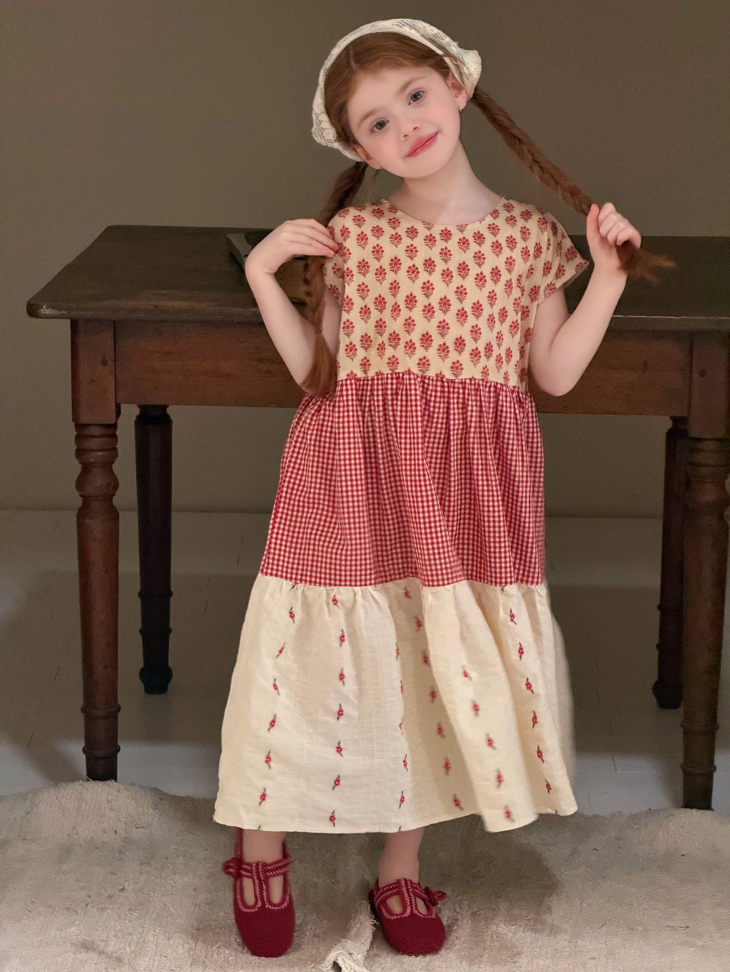 Gingham Floral Tiered Dress 花柄 ギンガム 半袖ワンピース【mh0012873】
