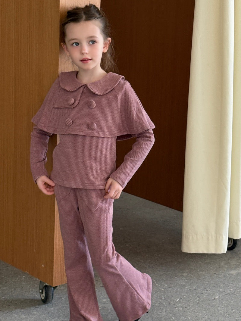 CHENG. L 26 Autumn/Winter Korean Style Girls' Collared Shawl Long Sleeve T-Shirt Heart Stretch Flared Pants Set【mh0014101】