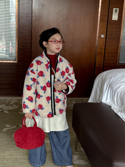 ボアジャケット キッズ フラワープリント 厚手 スタンドカラー カジュアル ジップアウター【mh0011686】