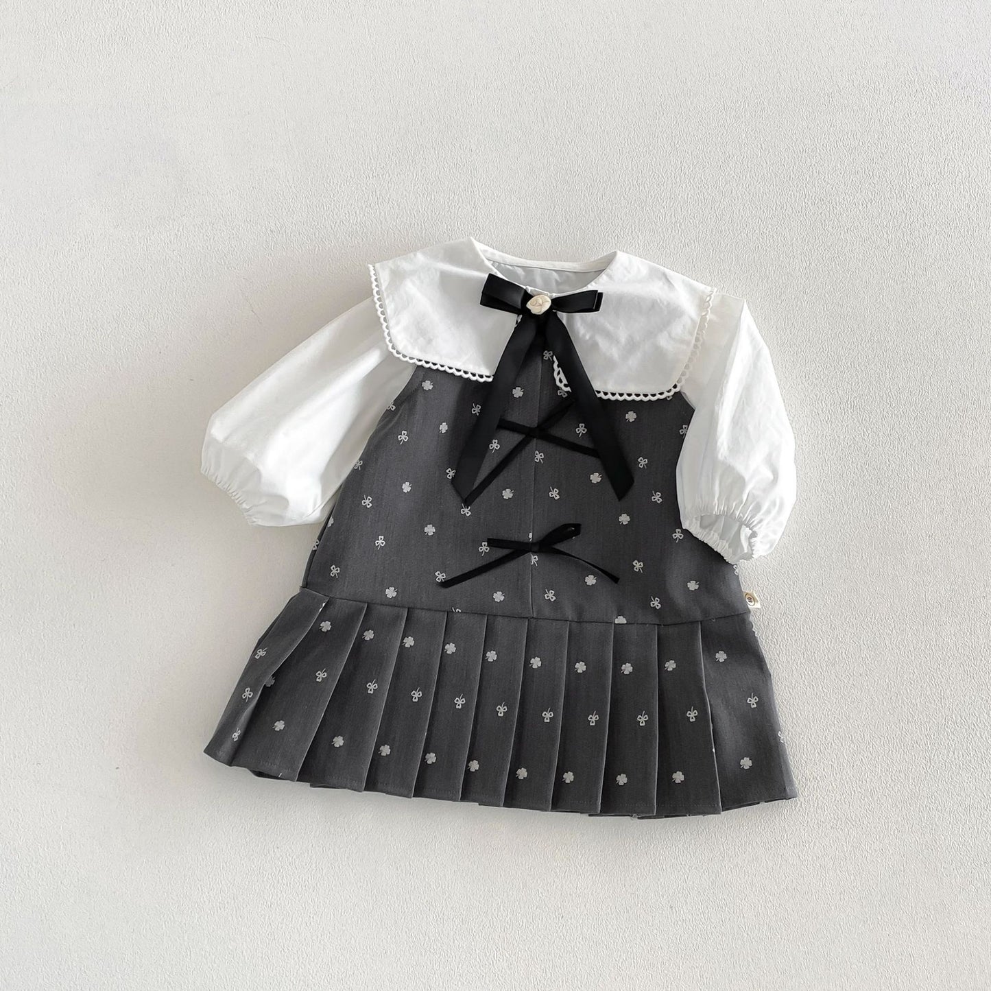 Camisa de manga larga con cuello grande y lazo, y pichi para niños [mh0014034]