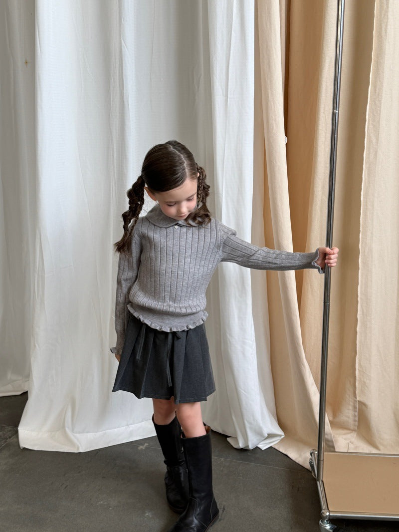 Kids' Ribbed Knit Round Neck Long-Sleeve Pullover with Frills