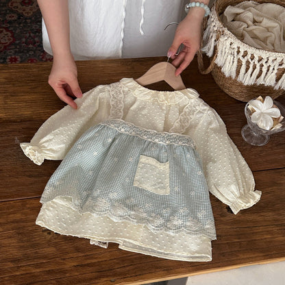Vestido de manga larga para bebé y niña con cuello con volantes, jacquard, estampado de cuadros vichy y vestido tipo camisola con encaje 【mh0014482】