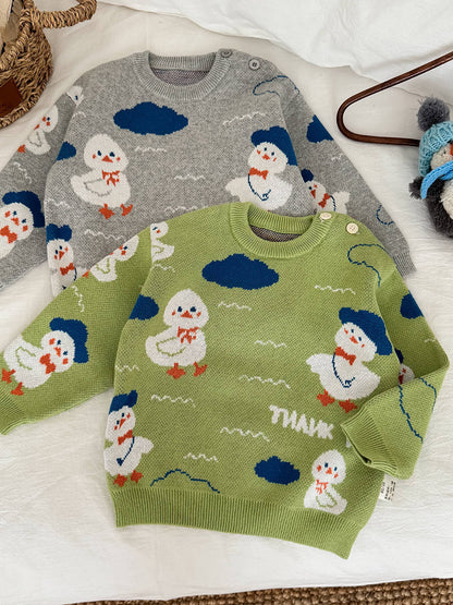 ニットセーター アヒル柄 厚手 クルーネック コットン ルーズフィット【mh0011690】