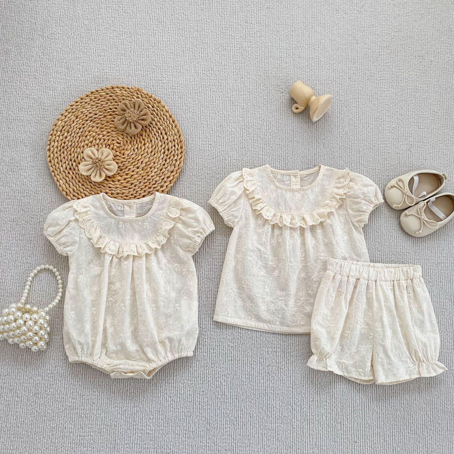Embroidered Ruffle Romper And Blouse Shorts フリル ロンパース ブラウス ショートパンツ【mh0013163】