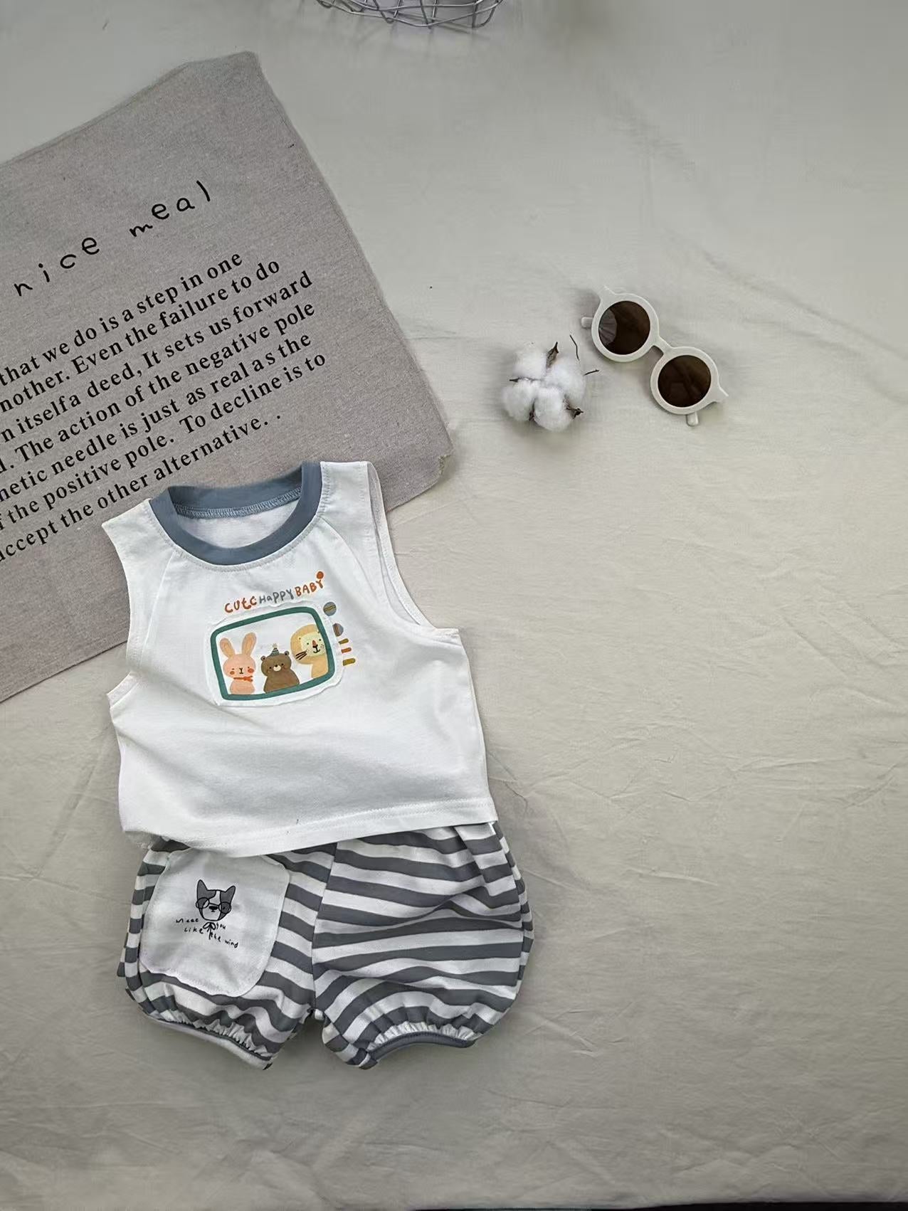 Retro Animal Stripe Tank Top Set ボーダー ノースリーブ ショートパンツ セット【mh0012910】