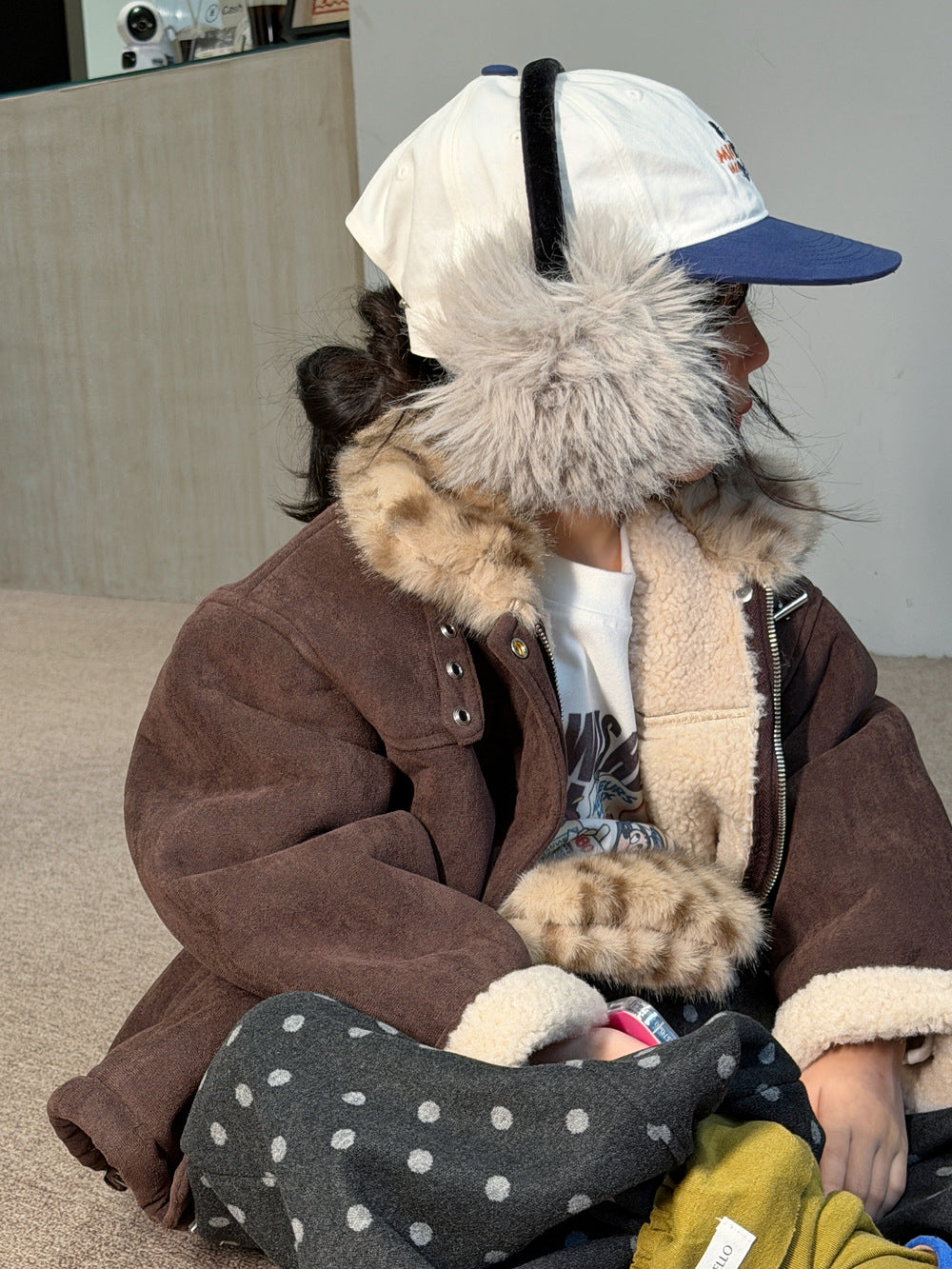 Chaqueta de antelina con cuello de pelo de leopardo y pantalones largos de lunares para niños y jóvenes 【mh0014693】