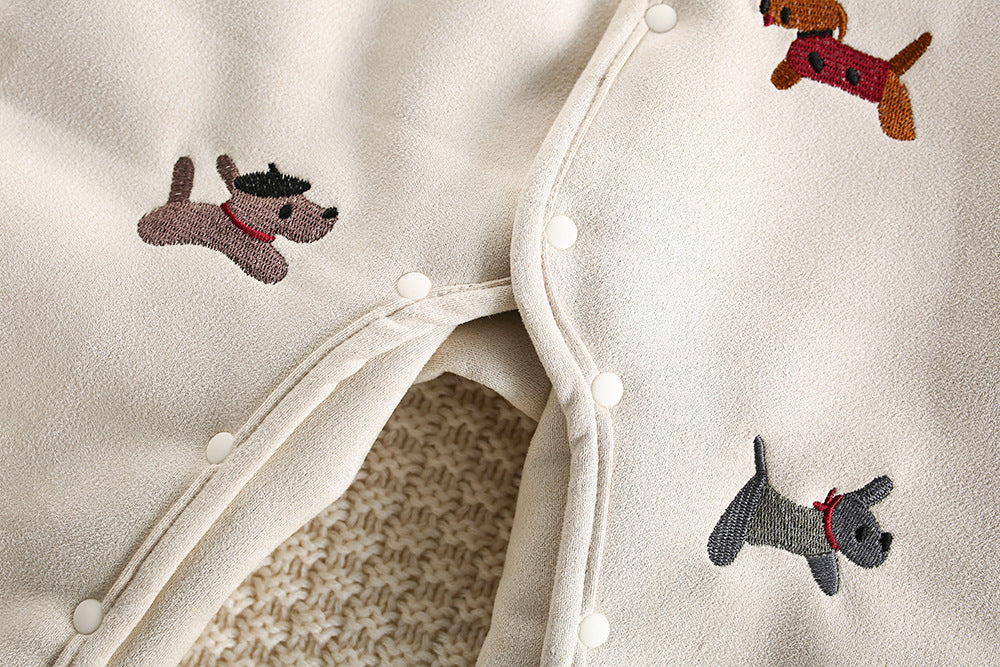 アウタージャンプスーツ 犬刺繍 ボア襟 フェイクムートン カバーオール【mh0011694】