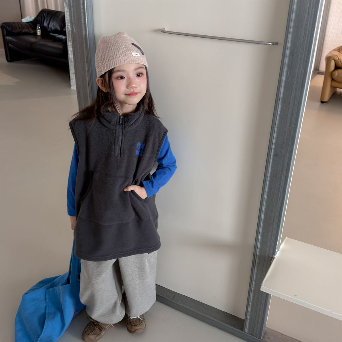 Kids' Embroidered Number Stand-Collar Half-Zip Fleece Long Vest【mh0014559】
