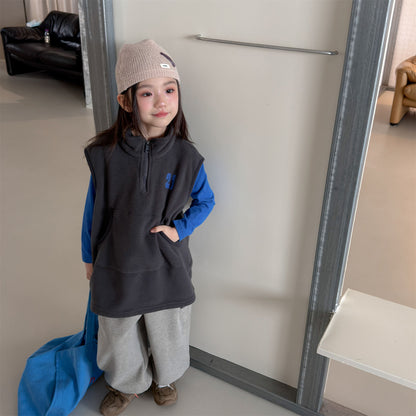 Kids' Embroidered Number Stand-Collar Half-Zip Fleece Long Vest【mh0014559】