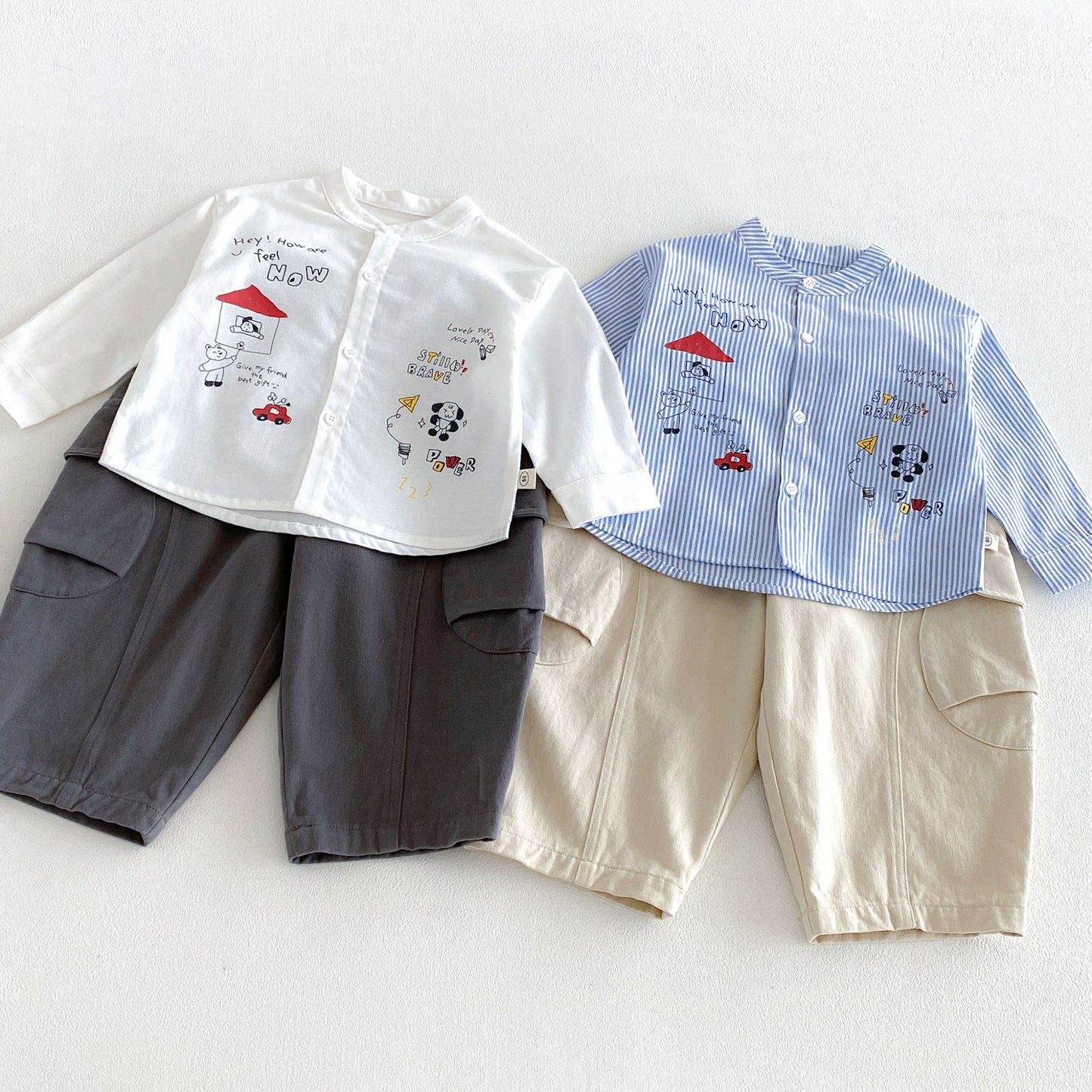 Camisa de manga larga con cuello alto, estampado de rayas y pantalón cargo para niños【mh0014028】