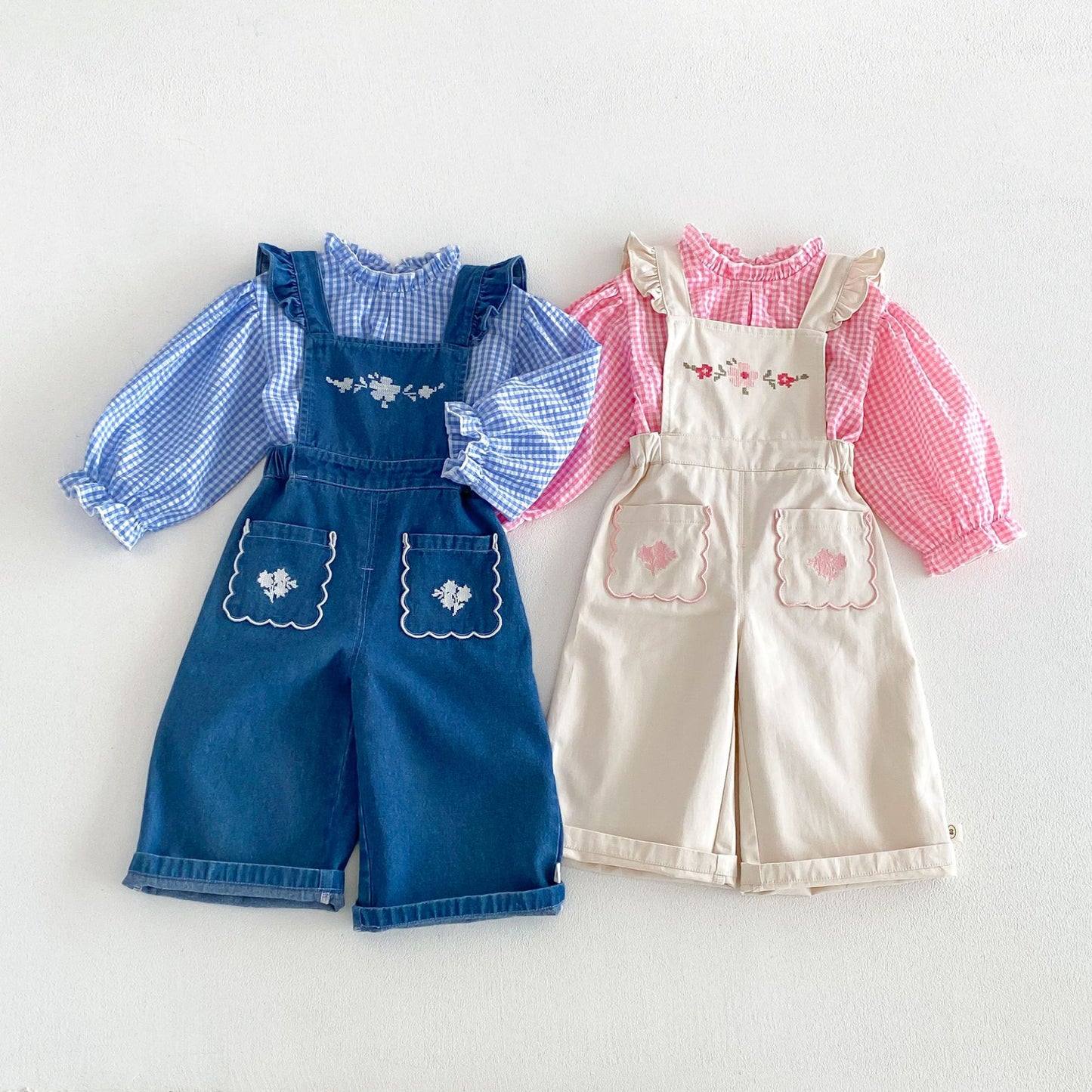 Blusa de manga larga con estampado de cuadros vichy para niños, con bordado floral y peto con pantalón [mh0014043]