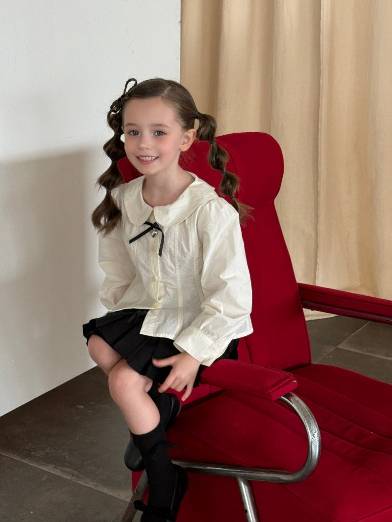 Kids' Peter Pan Collar Long-Sleeve Blouse with Front Ribbon and Pintucks [mh0014070]