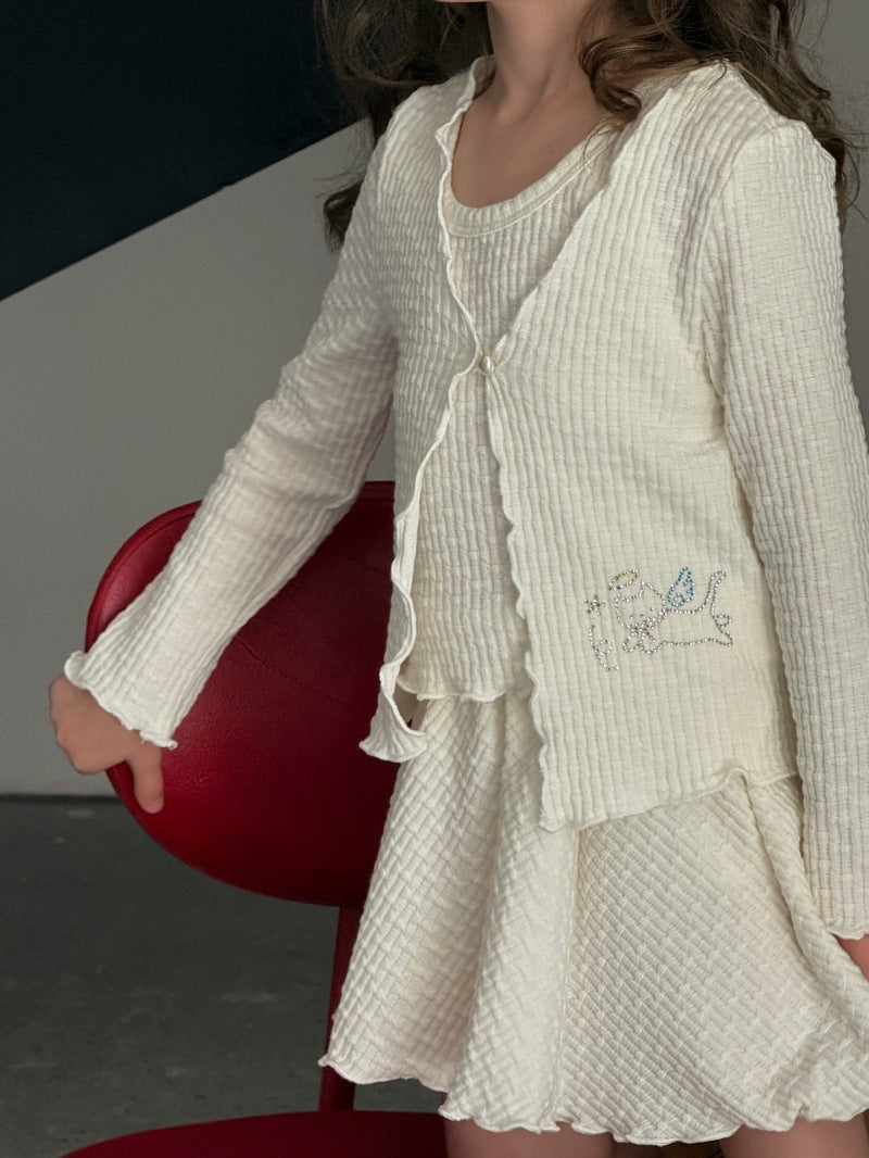 Kids' Mellow Frill Waffle Knit Long-Sleeve Cardigan, Camisole, and Flare Skirt Set [mh0014077]