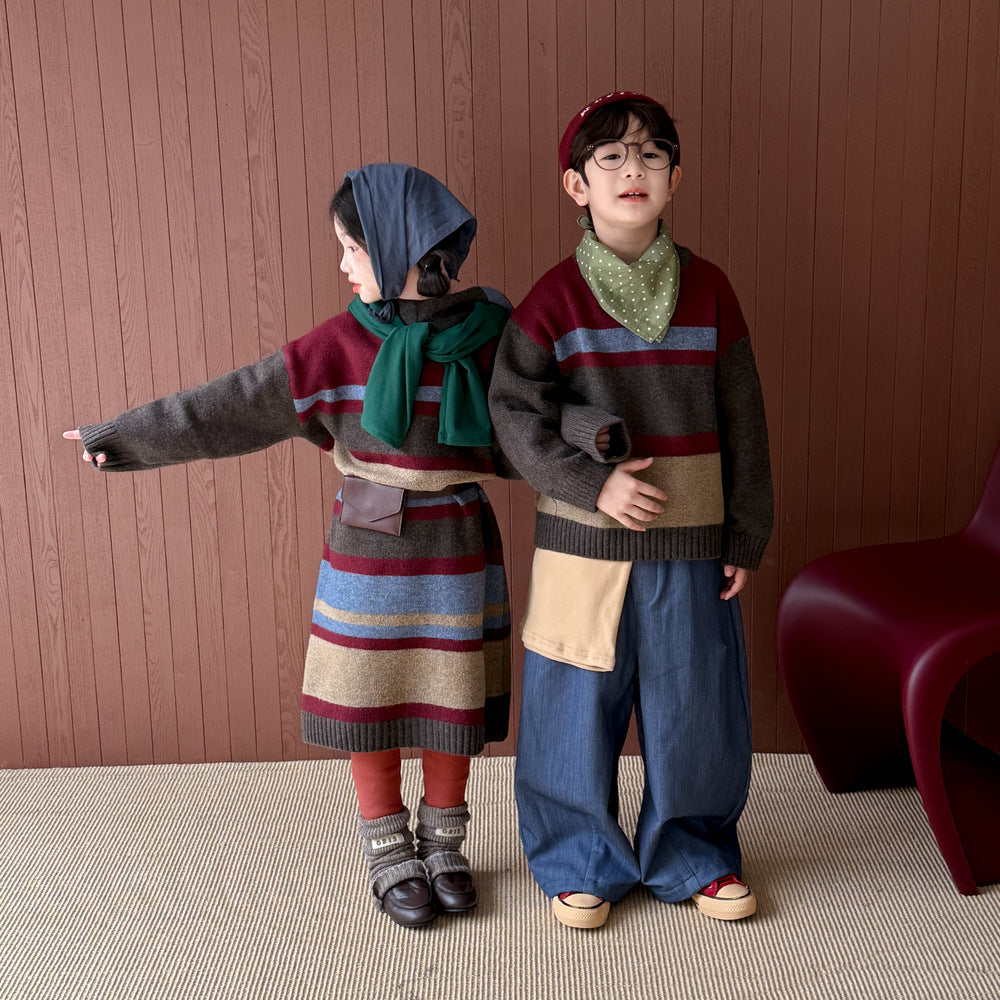 ニットワンピース/セーター キッズ ボーダー柄 厚手 ルーズフィット 兄弟姉妹 お揃い【mh0011676】