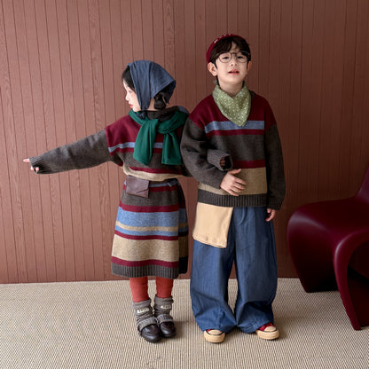 ニットワンピース/セーター キッズ ボーダー柄 厚手 ルーズフィット 兄弟姉妹 お揃い【mh0011676】
