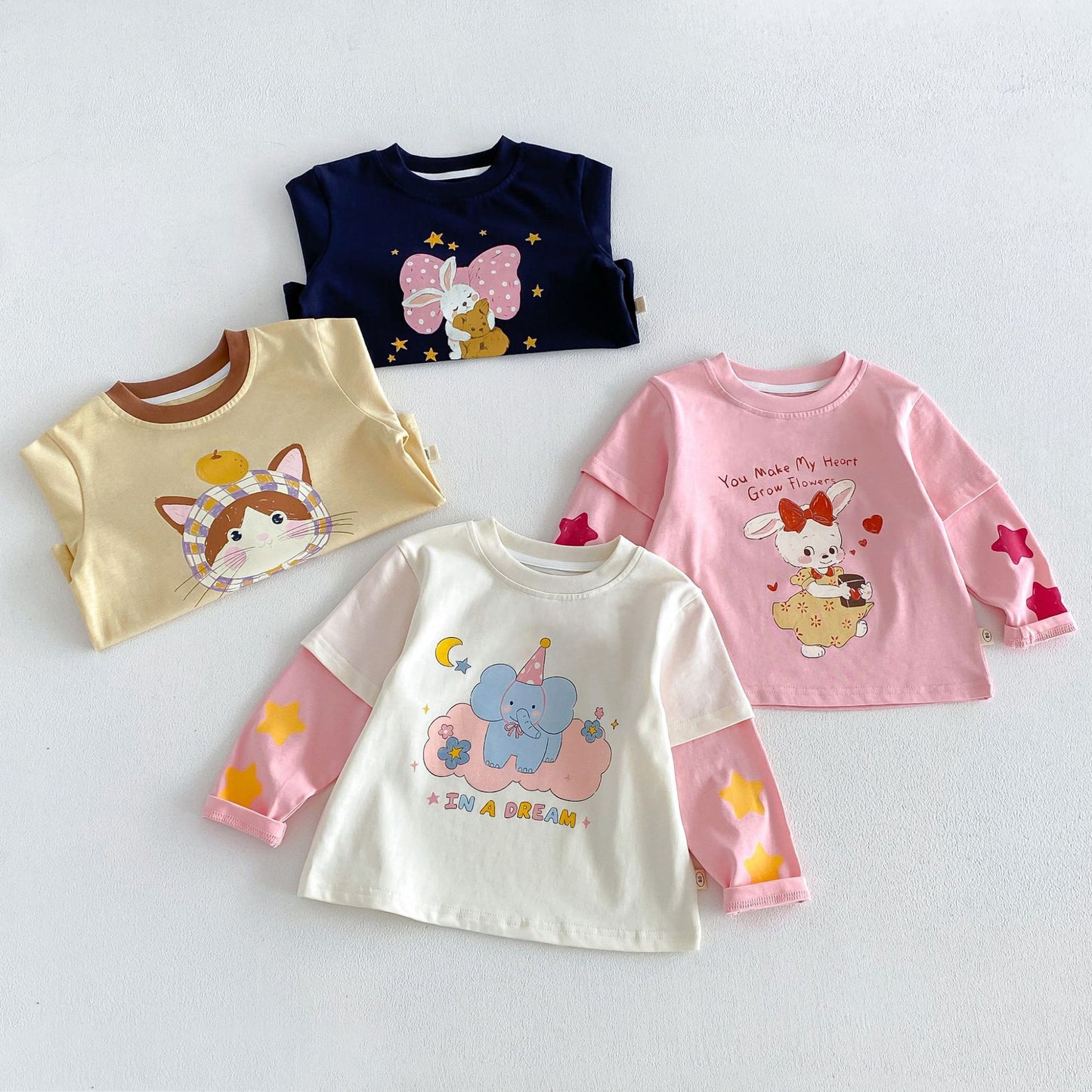 Camiseta de manga larga efecto doble capa con personajes infantiles para niños【mh0014041】