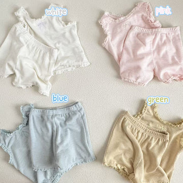 Bow Ribbon Ribbed Set ノースリーブTシャツ ショートパンツ【mh0012900】