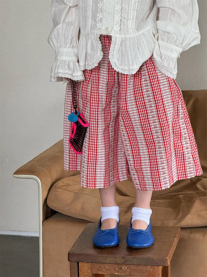Floral Embroidered Gingham Plaid Capri Pants