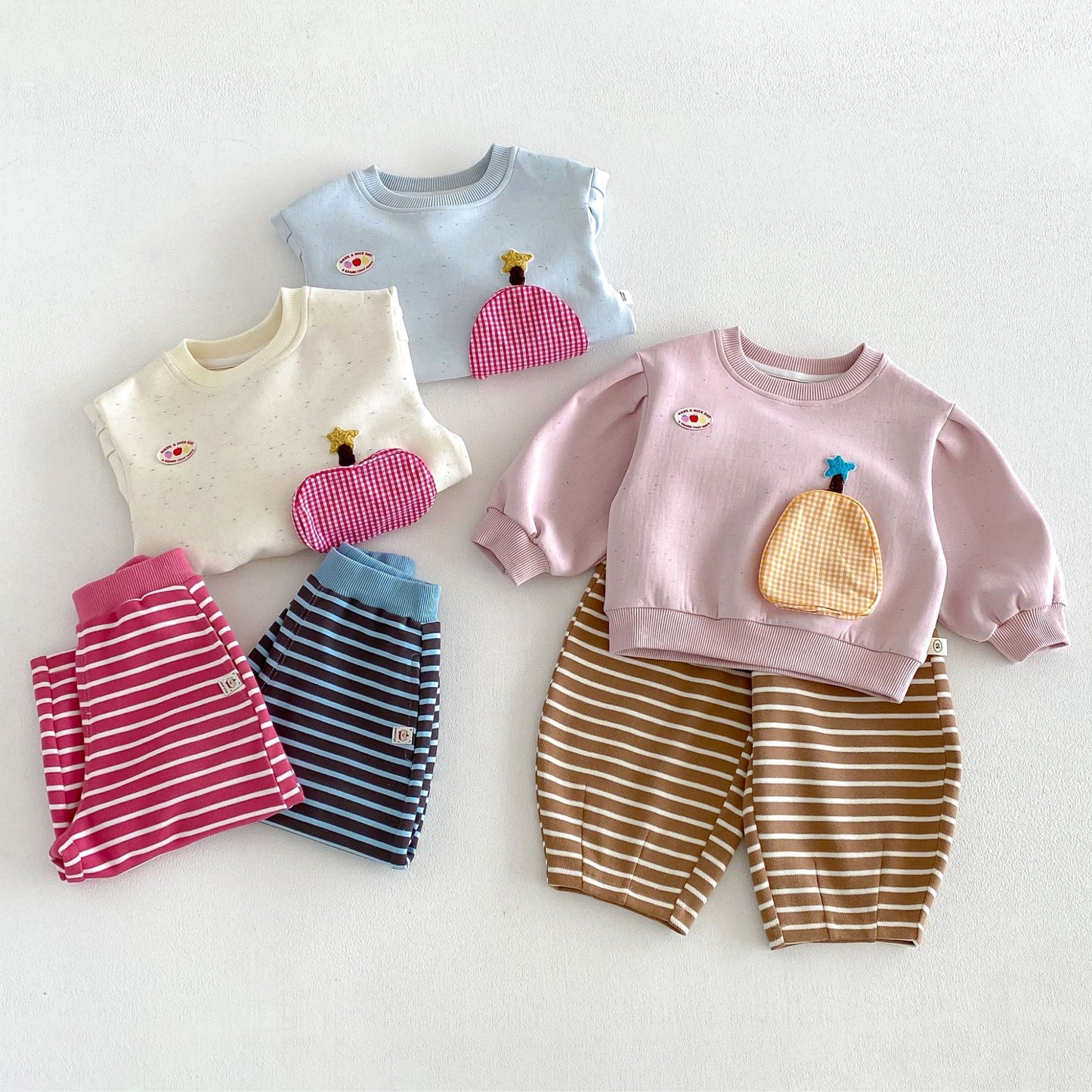 キッズ フルーツ ポケット パッチ 長袖スウェット ボーダー ロングパンツ【mh0014039】