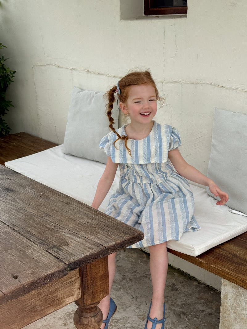 Sailor Collar Striped Puff Sleeve Dress ストライプ 半袖ワンピース【mh0012824】