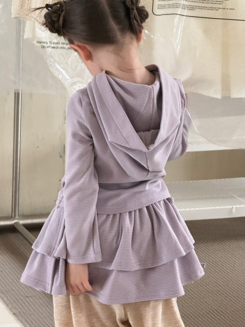 Kids' Bordered Hooded Long-Sleeved Parka and Ruffled Miniskirt Set [mh0014080]