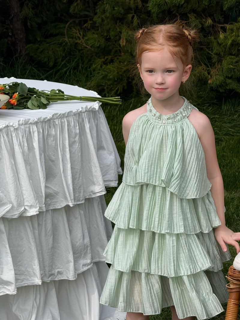Pleated Ruffle Halter Princess Dress ティアード ノースリーブワンピース【mh0013250】