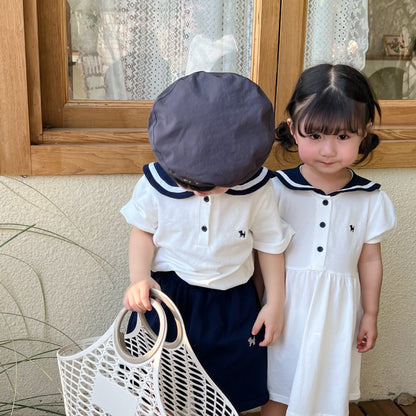 キッズ セーラーカラー半袖ワンピース風ホワイトドレス（ボタン前立て）
