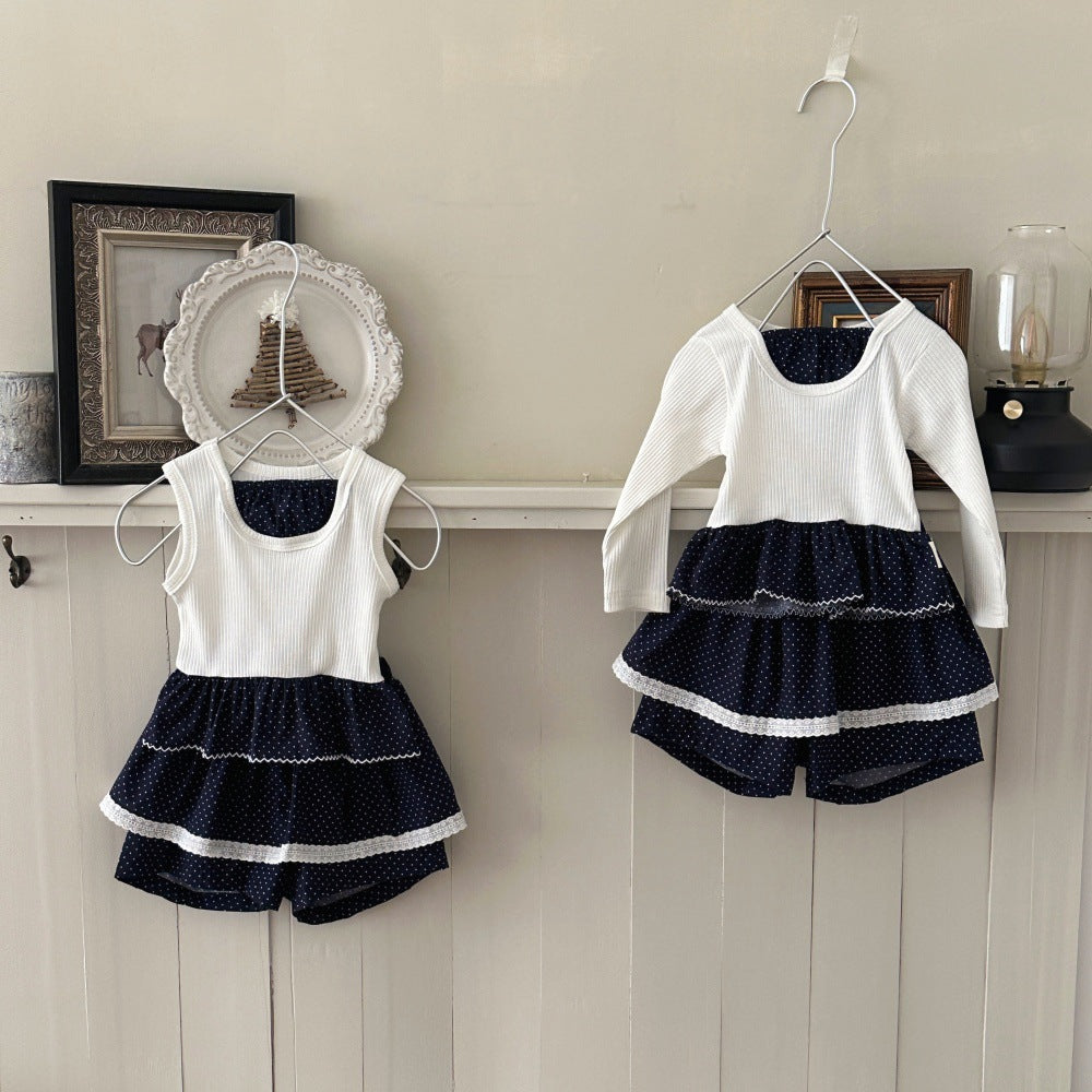 Baby Kids Polka Dot Ribbed Long Sleeve T-Shirt and Culottes Set