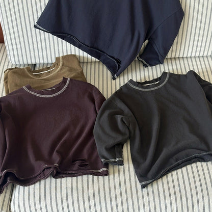 キッズ用長袖Tシャツ ダメージ風裾（ネイビー/カーキ/パープル/黒）