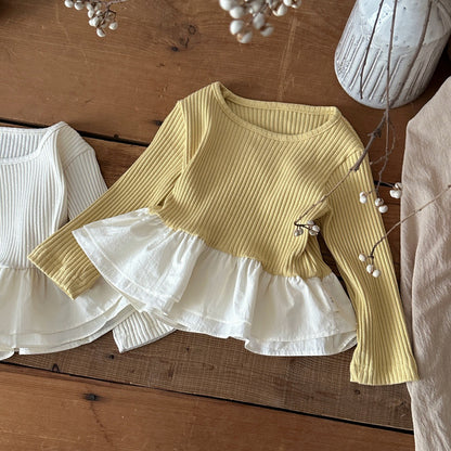 Camiseta de manga larga acanalada con volantes estilo peplum para bebés y niños 【mh0014484】