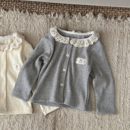 ベビー キッズ リブ ダブルフリル襟 長袖Tシャツ 裾シフォン フレアパンツ セット【mh0014494】