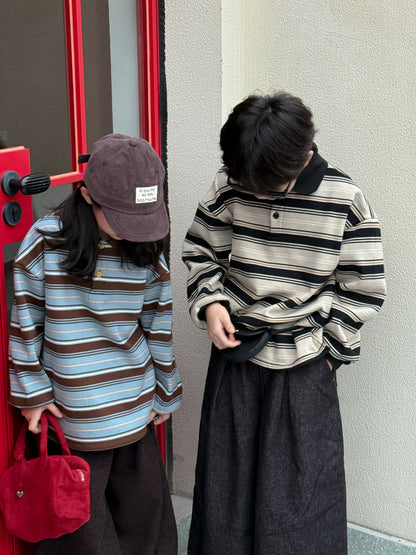 長袖ポロシャツ キッズ ボーダー柄 裏起毛 厚手 ゆったり カジュアル トップス【mh0011669】