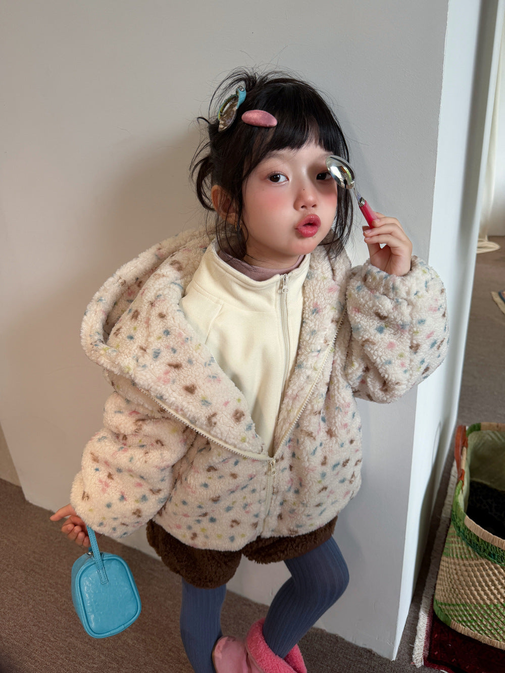 Children's 2026 Girls' Floral Lamb Shearling Hooded Jacket, Thickened Cotton-Padded Children's Coat, Warm Zipper Jacket【mh0014699】