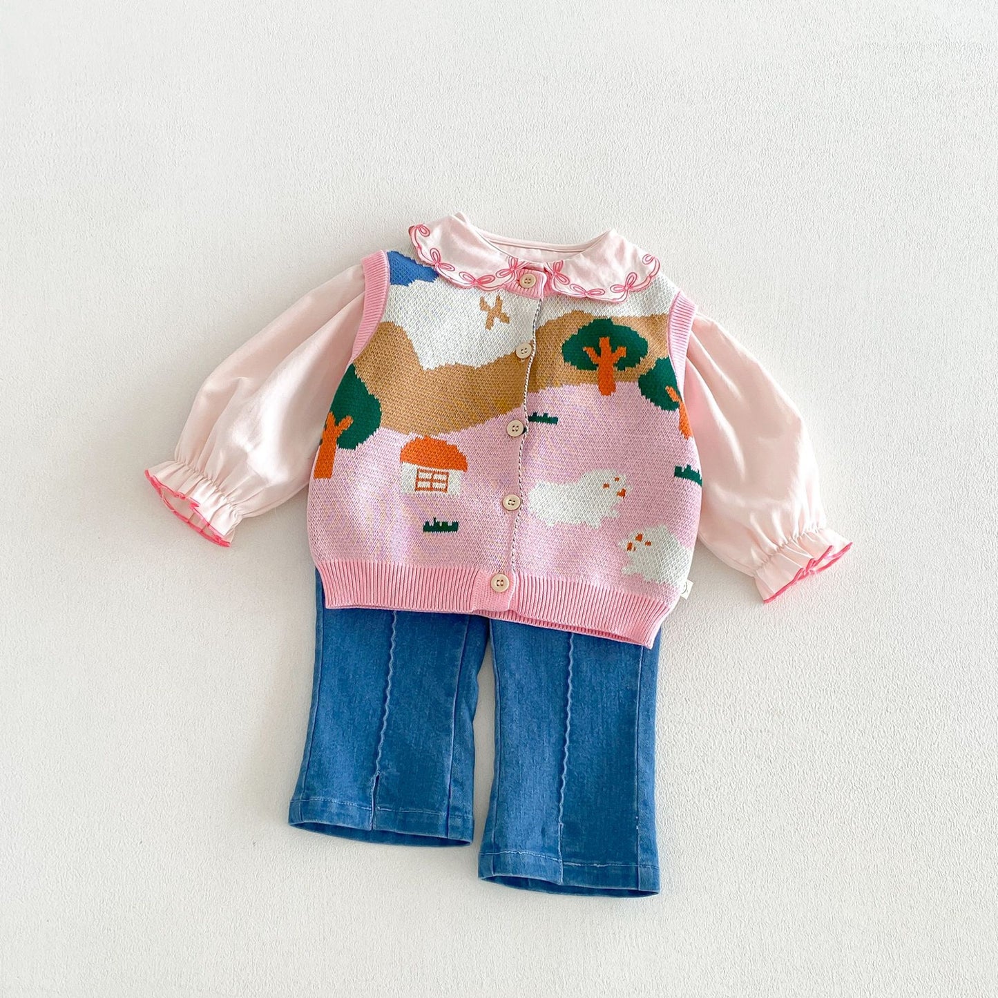 Chaleco de punto jacquard para niños, camisa de manga larga con volantes, pantalones vaqueros【mh0014038】